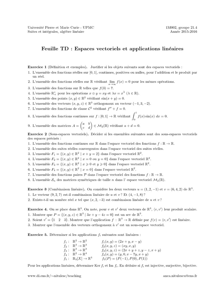 Exercices sur les espaces vectoriels et applications linéaires | PDF ...