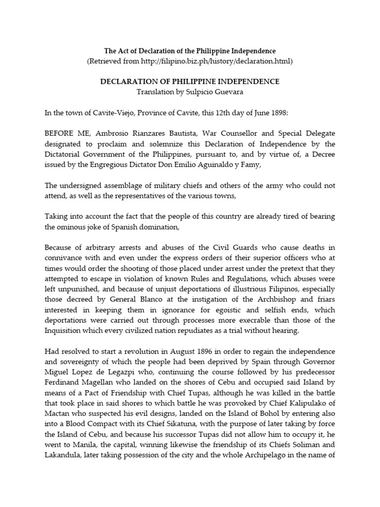 Philippine Independence Declaration 1898 | PDF | Spanish East Indies ...