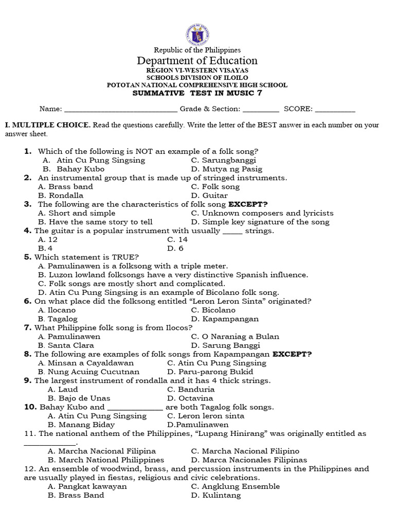 Music Summative Test 1st Quarter Pdf