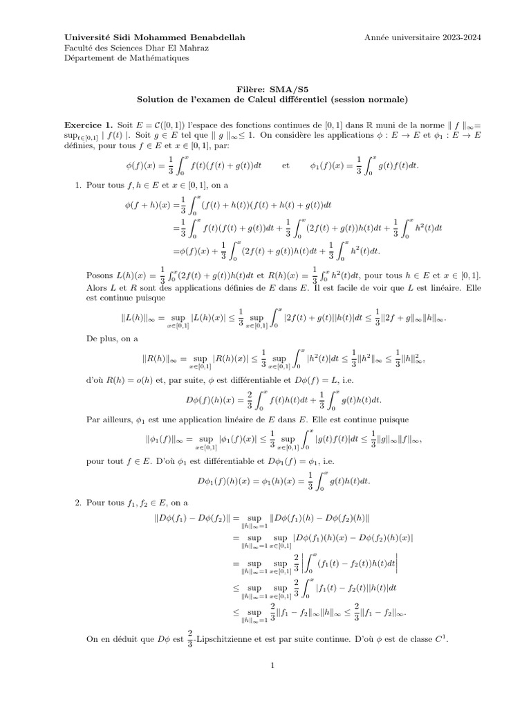 Solutions Examen Calcul Différentiel S5 | PDF | Variété différentielle ...
