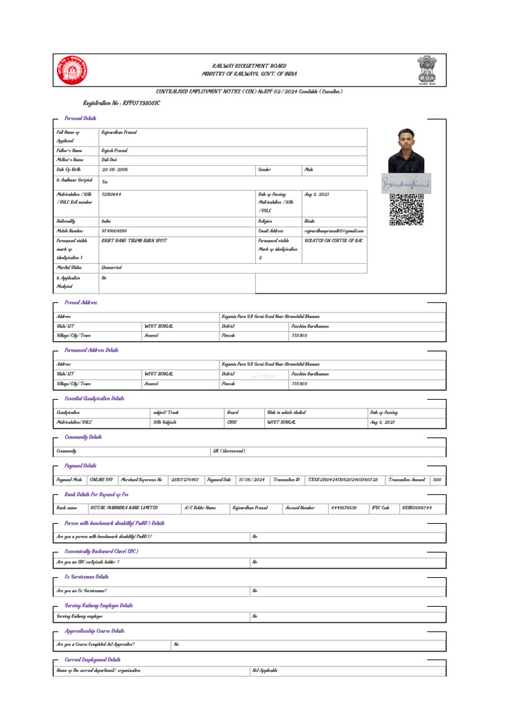 RPF Constable Application Details 2024 | PDF | Apprenticeship