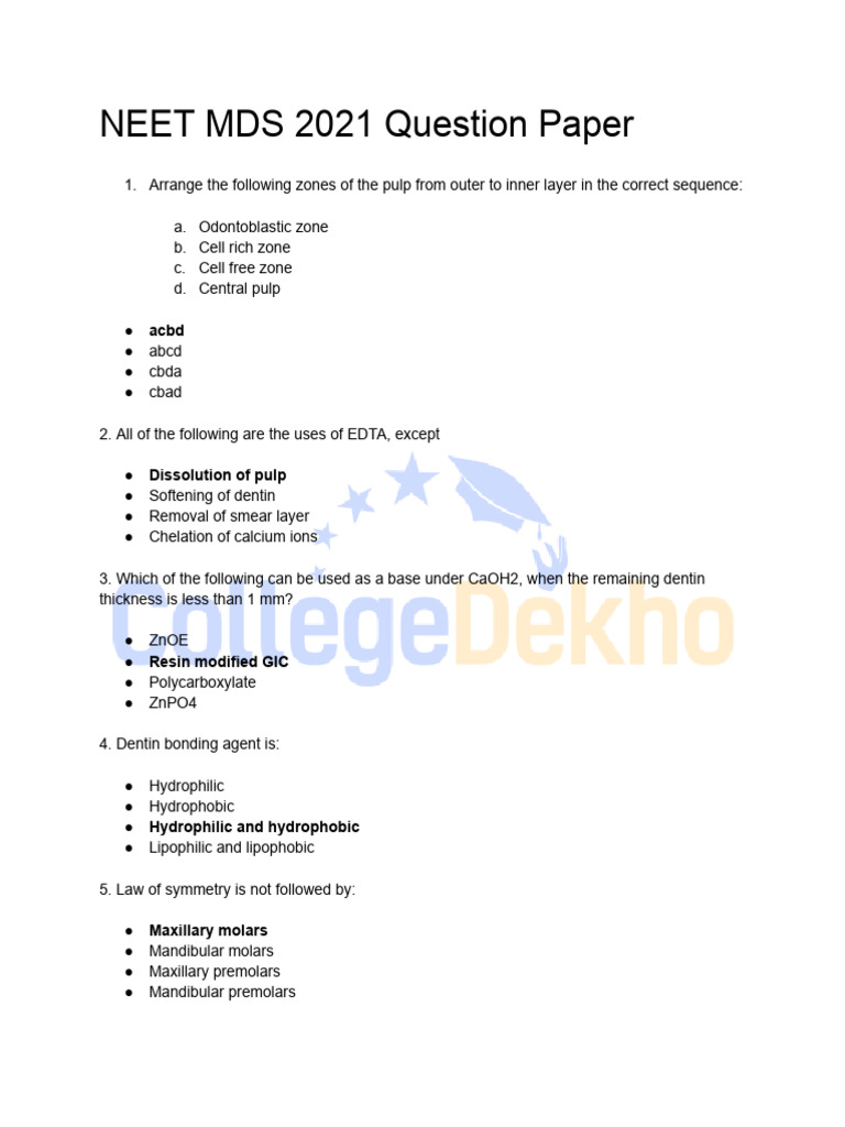 Neet Mds 2021 Question Paper PDF