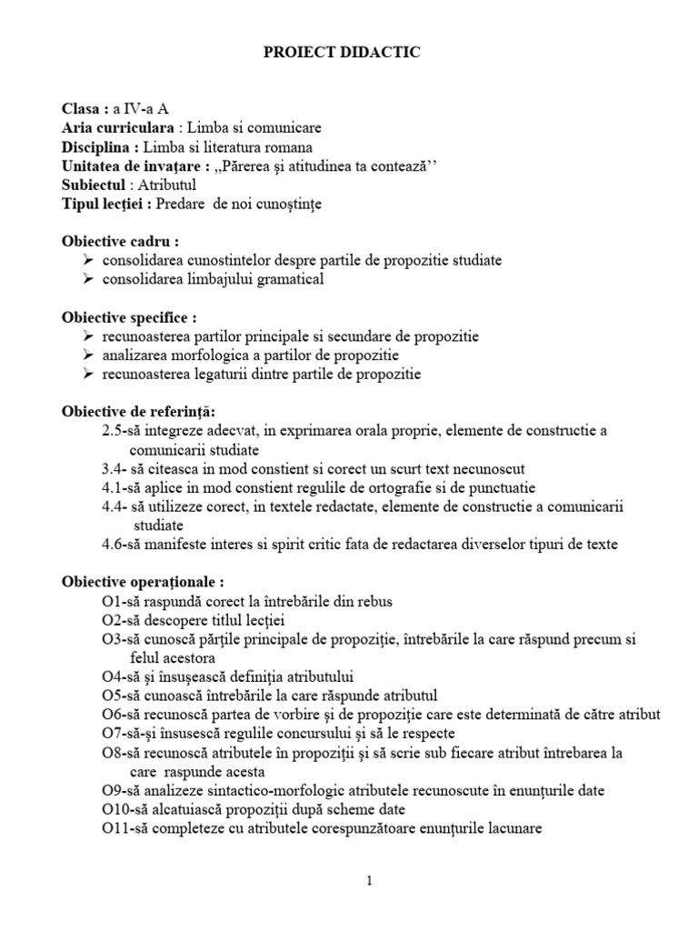 Model Proiect Clasa A IV-a | PDF