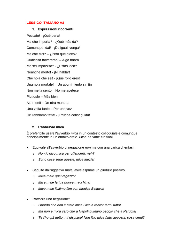 Lessico Italiano A2 | PDF