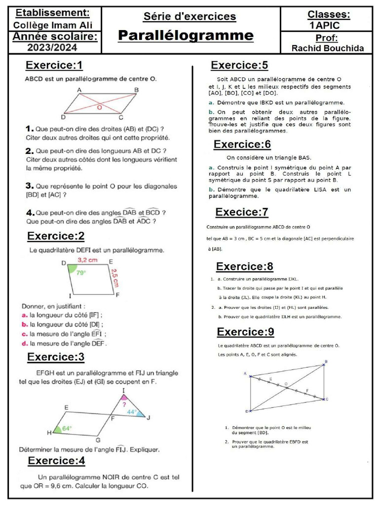Serie D'exercices Parallélogramme 1APIC | PDF