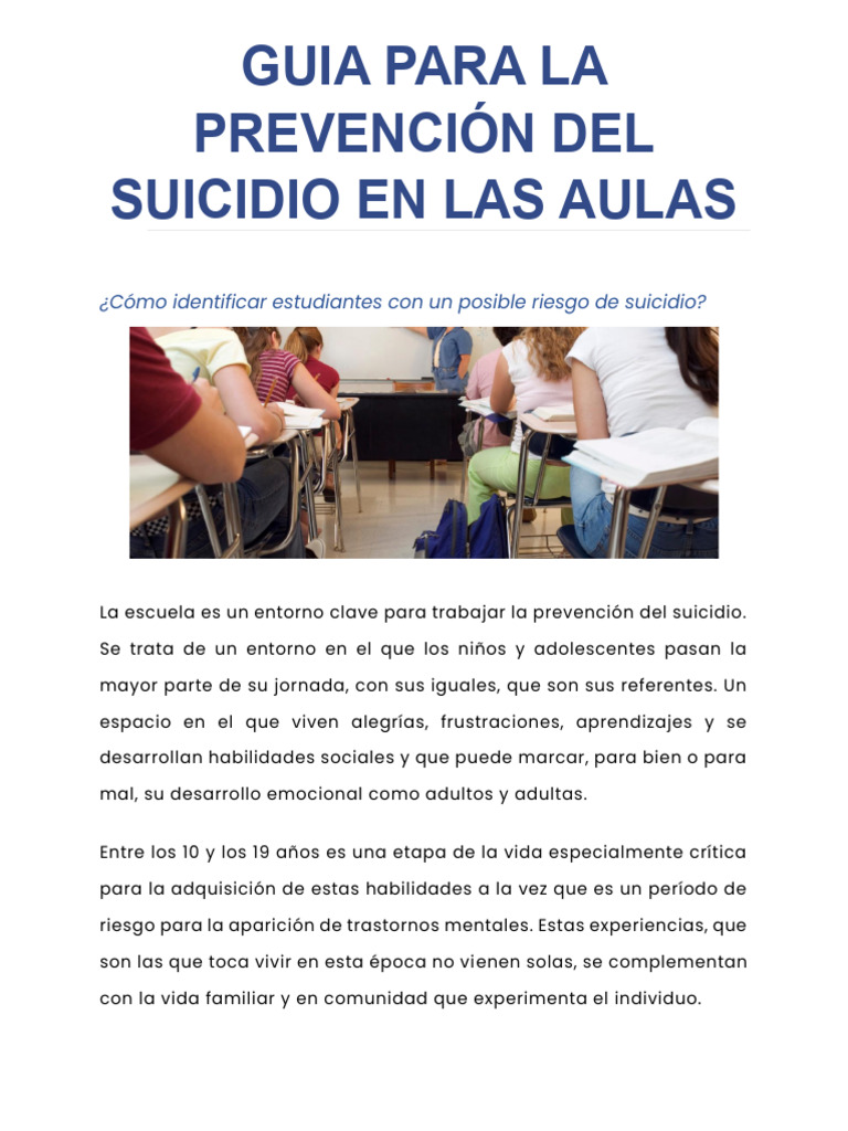 GUIA PARA LA PREVENCIÓN DEL SUICIDIO EN LAS AULAS | PDF | Suicidio ...