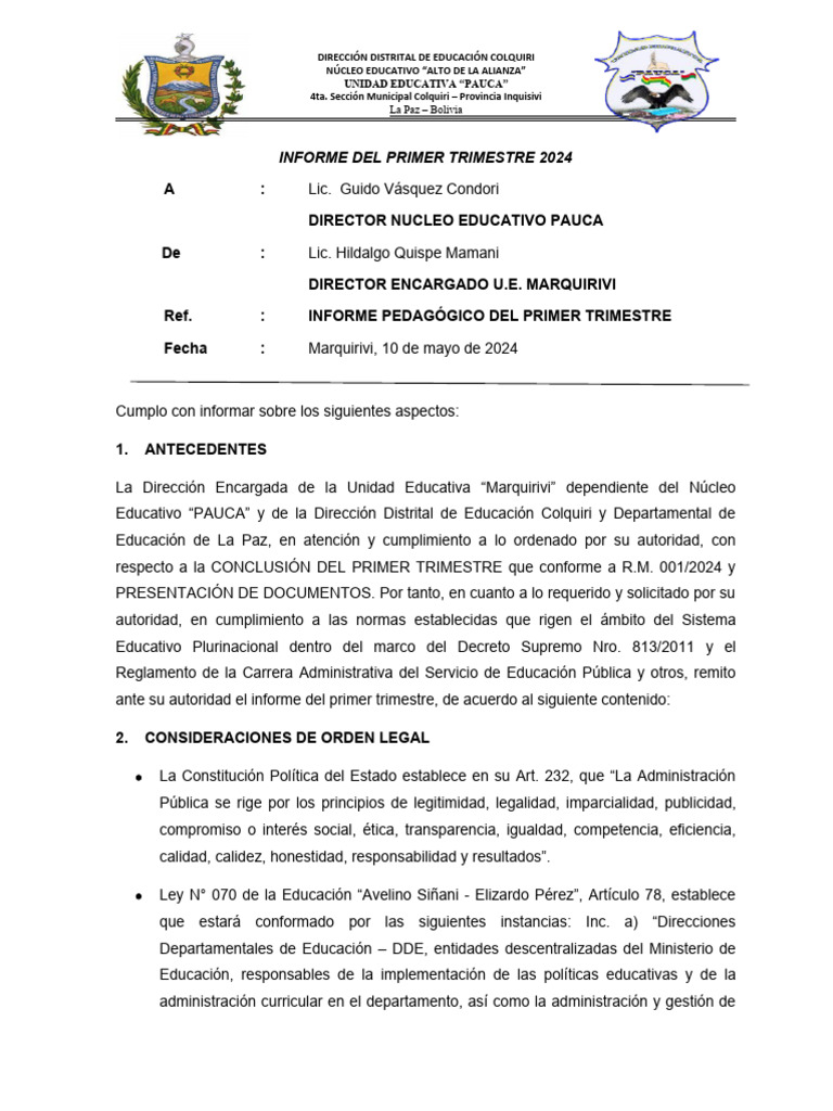 Informe Primer Trimestre 2024 U.E. Marquirivi | PDF