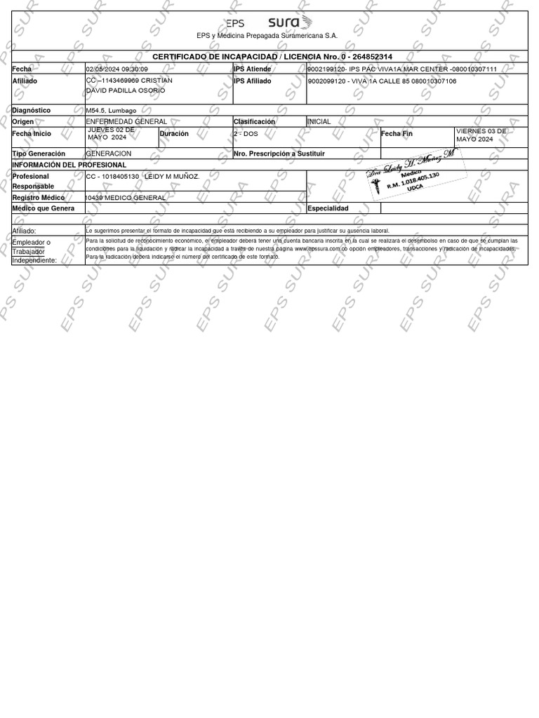 Certificado de Incapacidad EPS Sura | PDF