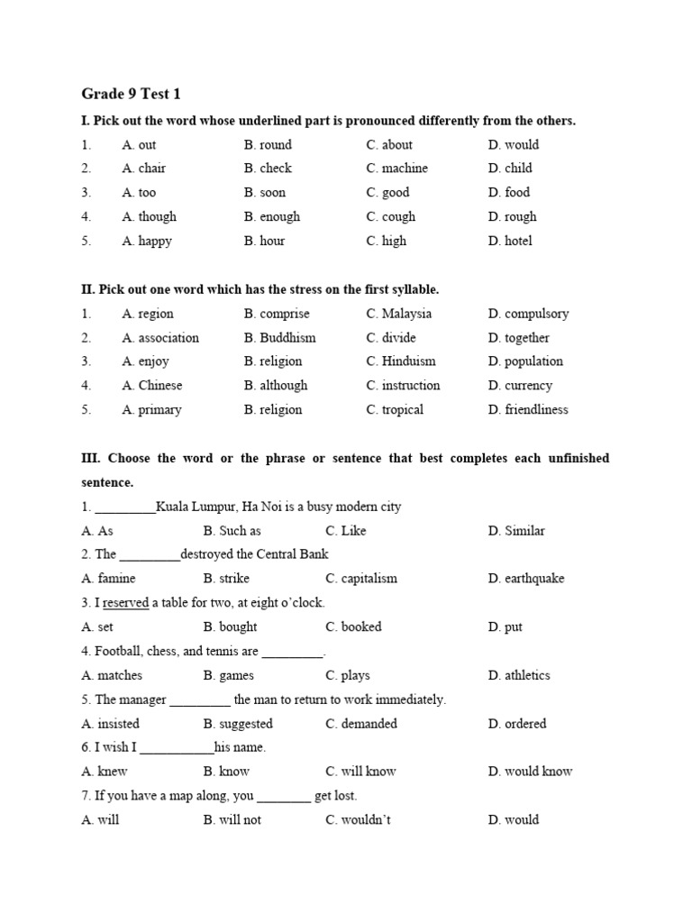 Grade 9 Test 1 | PDF