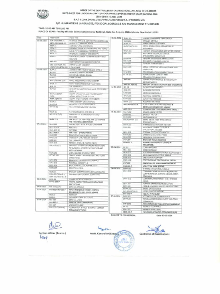 Date-sheet for Under Graduate (Programmes) Even Semester Examinations