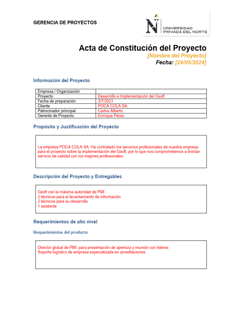 Plantilla de Acta de Constitución del Proyecto | PDF | Presupuesto ...