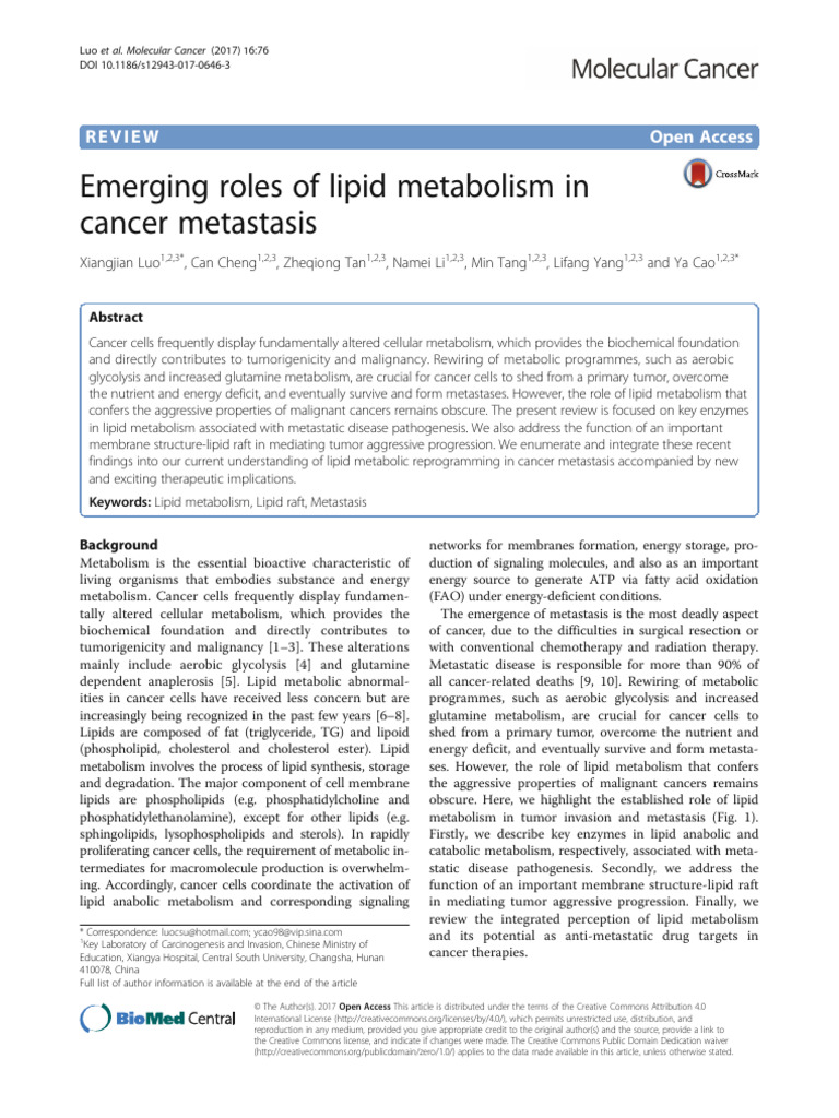 Emerging Roles of Lipid Metabolism in Cancer Metastasis: Review Open ...