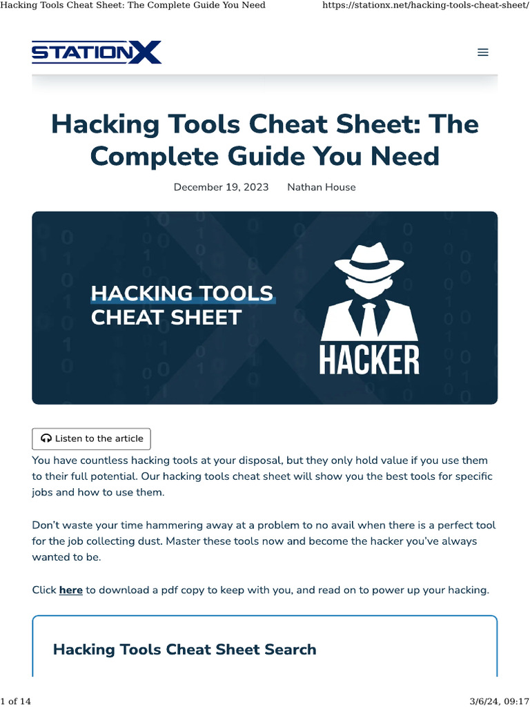 Hacking Tools Cheat Sheet Guide | PDF | Computers