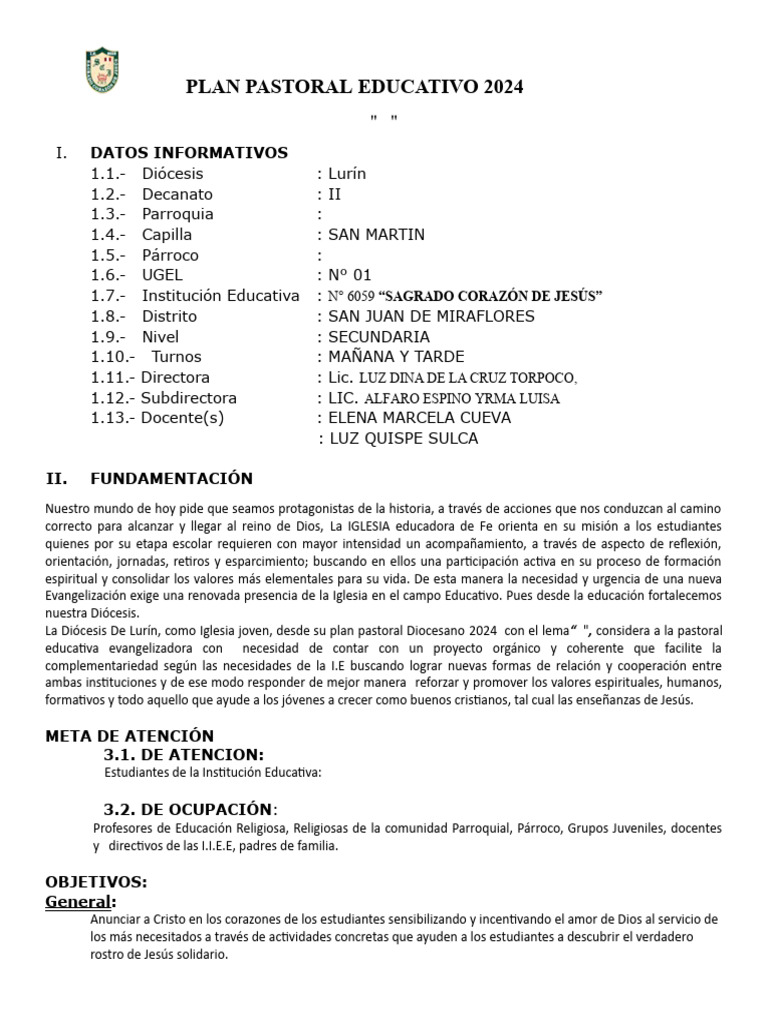 Plan Pastoral Educativo 2024 | PDF | Liturgia | Cristo (título)