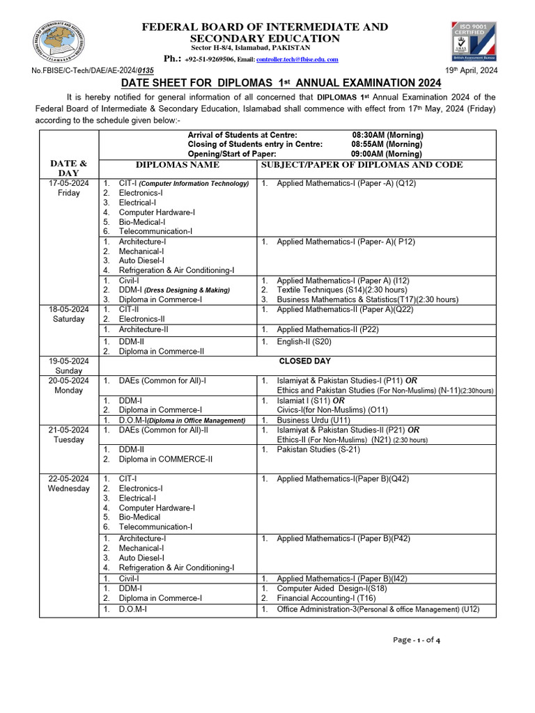DAEs Date Sheet Diplomas 1st Annual Examination 2024 EE | PDF ...