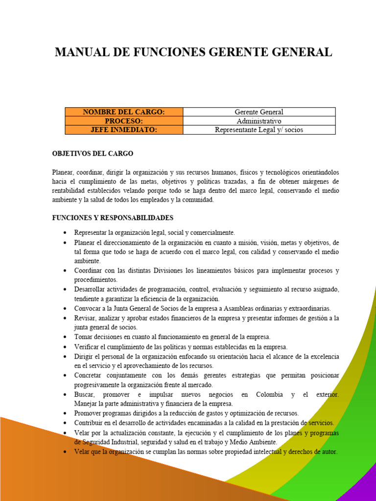 Manual de Funciones del Gerente General | PDF | Business | Economias