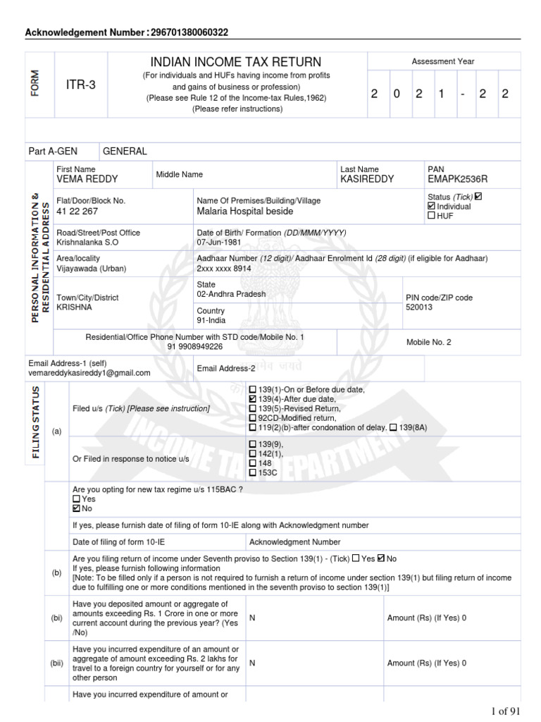 ITR-3 Income Tax Return for AY 2021-22 | PDF | Taxes | Expense