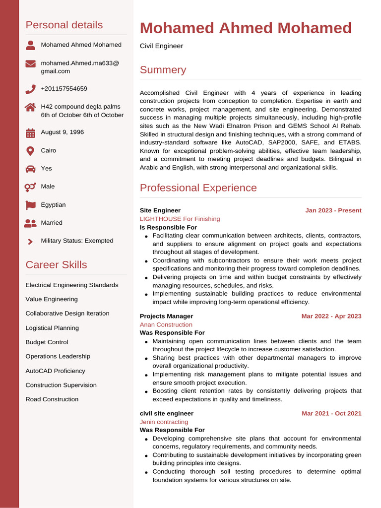 Mohamed Ahmed: Civil Engineer Profile | PDF | Project Management | Business