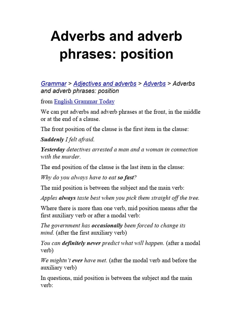 Adverbs: Positions and Examples | PDF | Verb | Adverb