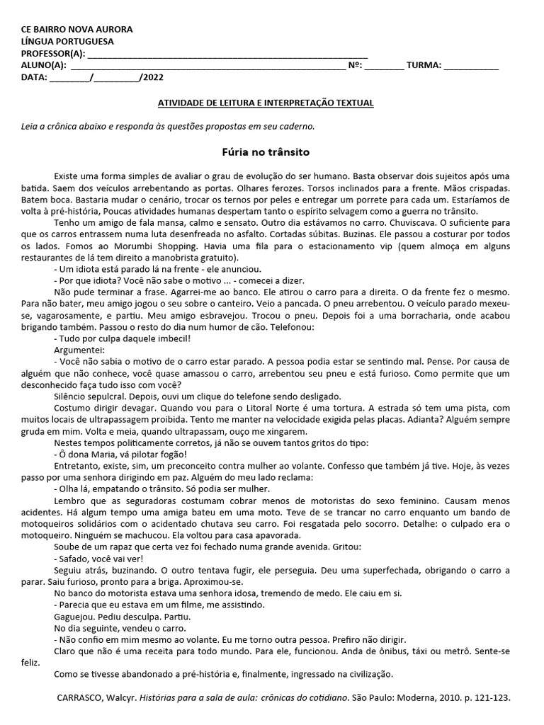 Atividade de Leitura e Interpretação - Crônica - 1 Série - Ensino Médio ...