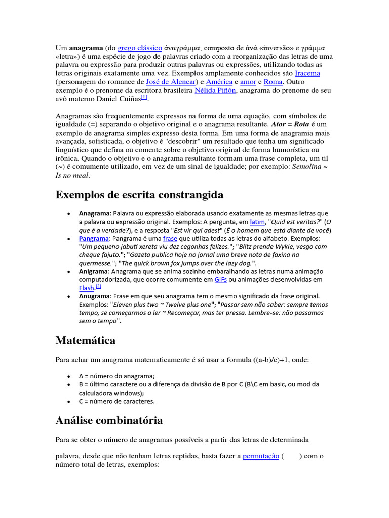 Anagramas: Definição e Exemplos | PDF | Linguística