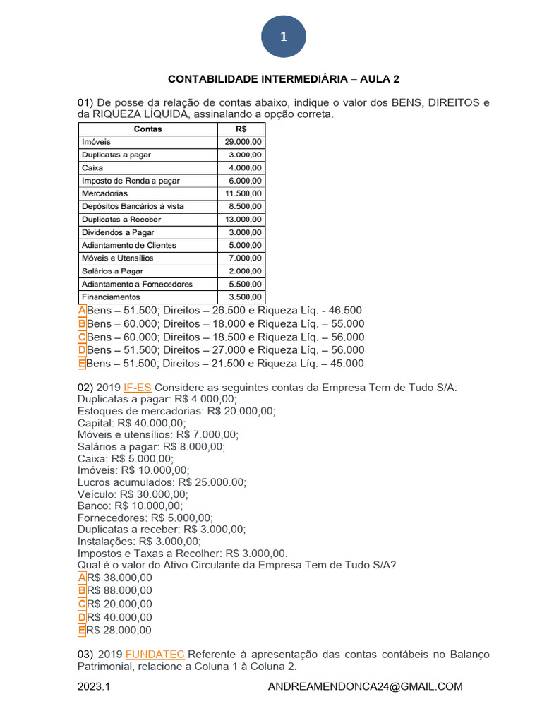 Aula 02 Intermediaria Regime Contabil Fato Contabil Sem Respostas | PDF ...