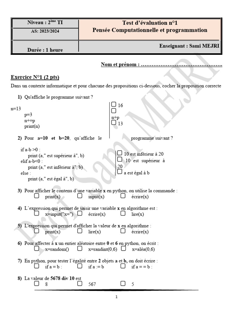 Test de programmation TI 2023/2024 | PDF | Informatique | Informatique
