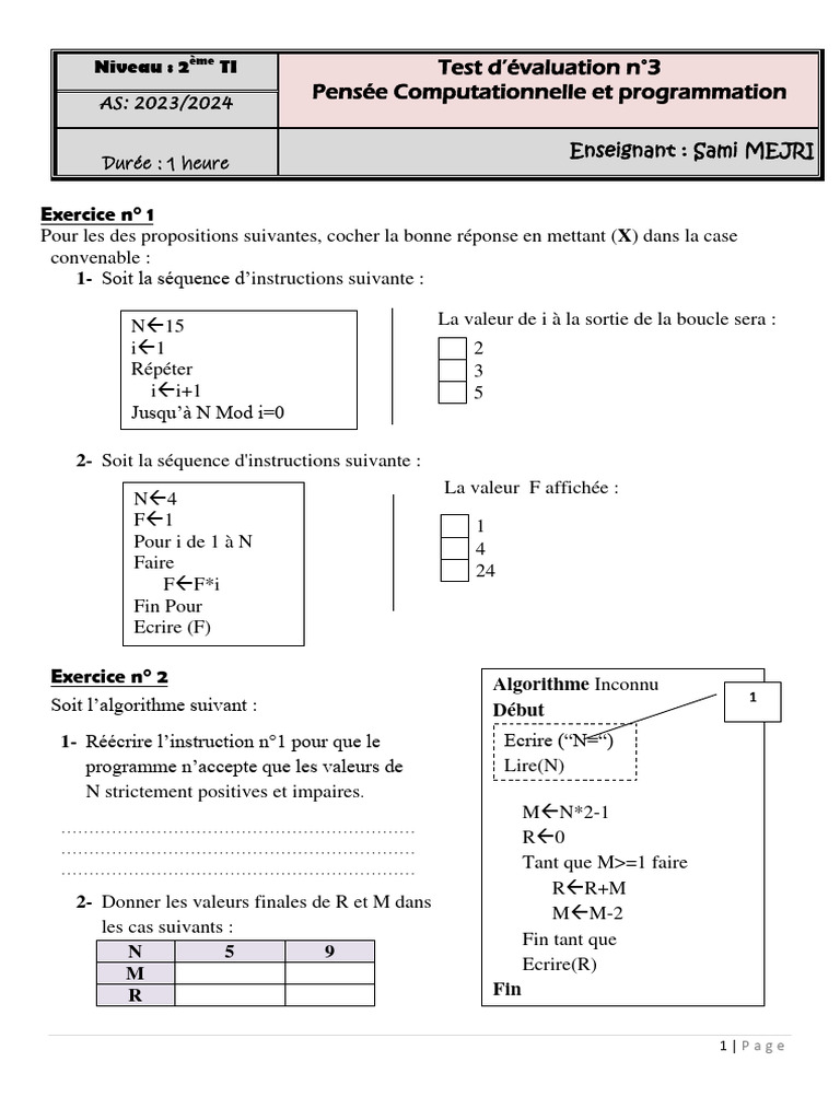 Exercice de programmation et algorithmes | PDF