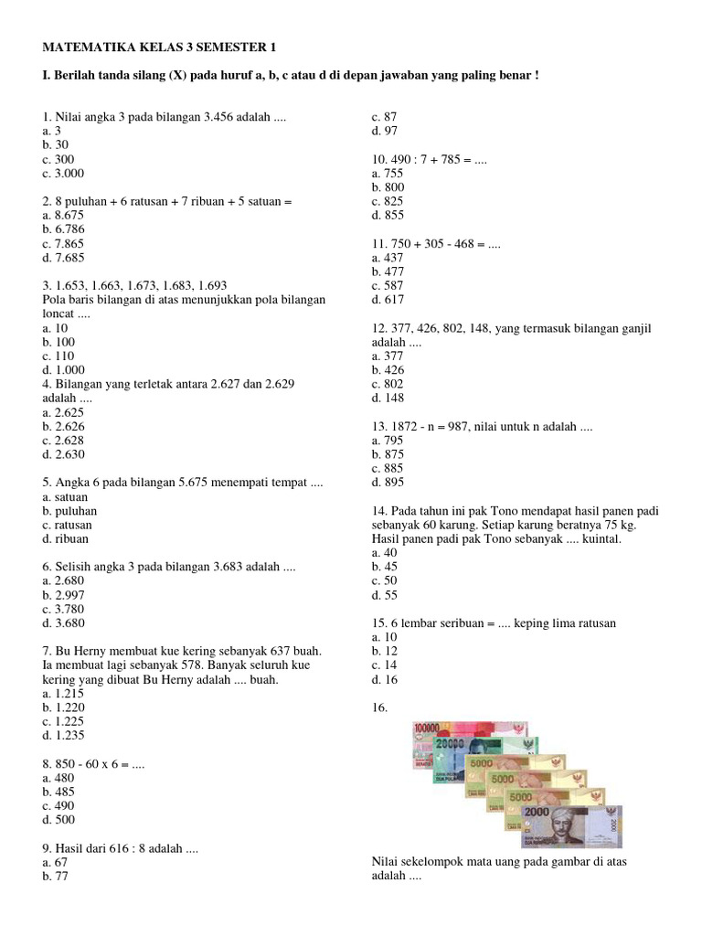 Soal Matematika Kelas 3 Semester 1 | PDF