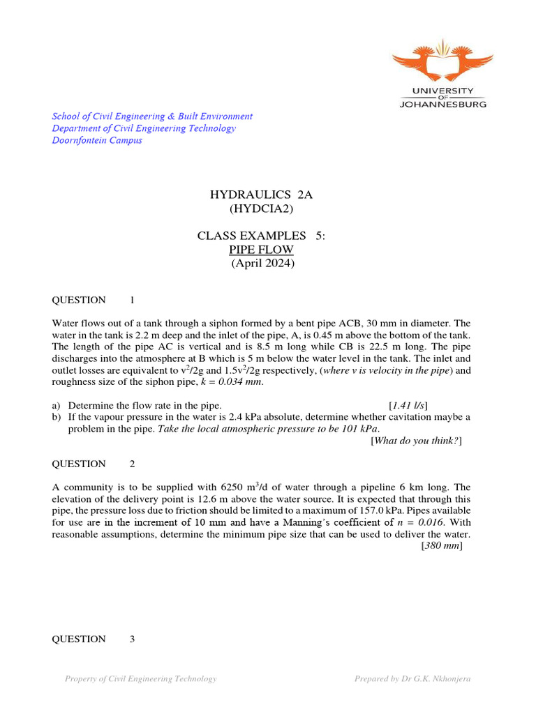 Pipe Flow Calculations and Examples | PDF | Pipe (Fluid Conveyance ...
