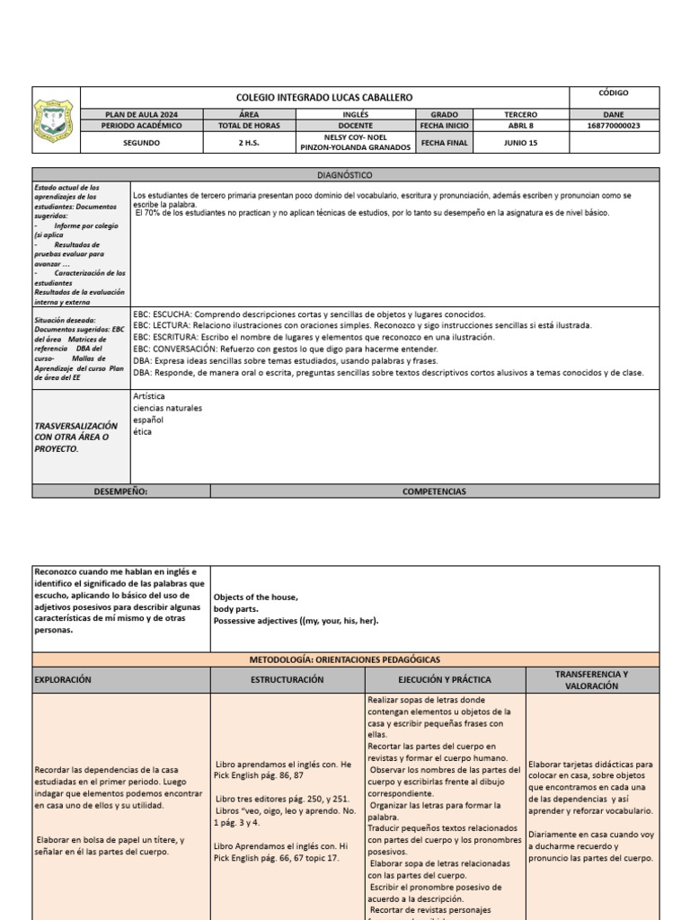 Plan de Aula Inglés Grado 3 2024 | PDF | Aprendizaje | Comunicación humana