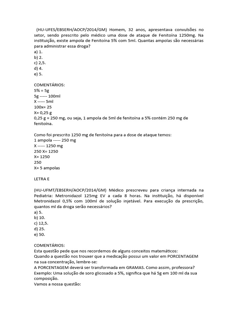Cálculo de medicação lista exercicios gabarito | PDF | Medicina Clínica