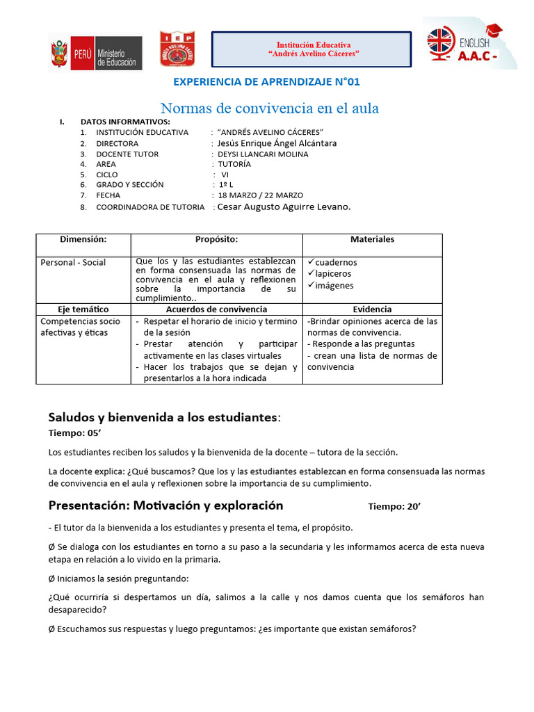 Sesion 01 TUTORIA NORMAS DE CONVIVENCIA | PDF | Salón de clases | Maestros
