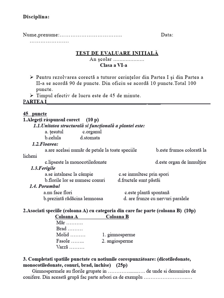 Test Initial Clasa A VI - A Bio | PDF