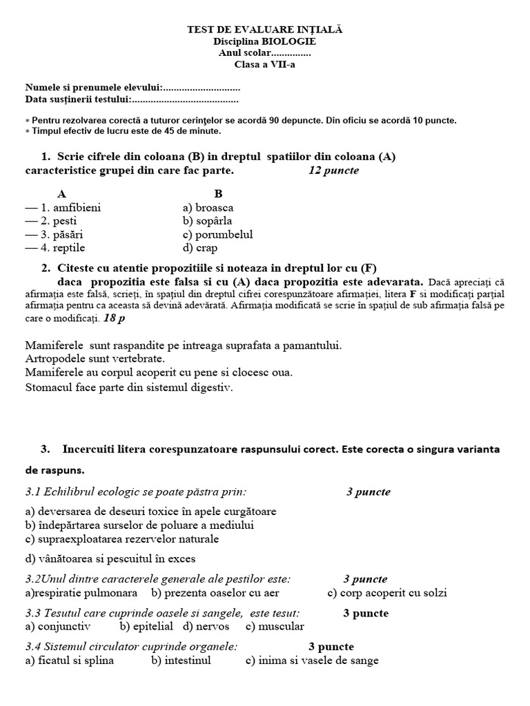 Test Initial Clasa A VII - A Bio | PDF