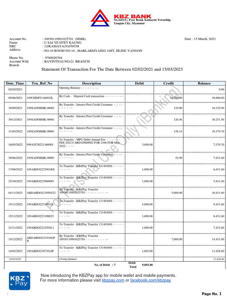 KBZPay Transaction Statement 2023 | PDF | Credit Card | Debit Card