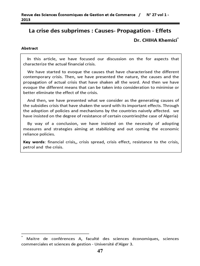 Crise des subprimes : Causes et Effets | PDF | Crise des subprimes ...