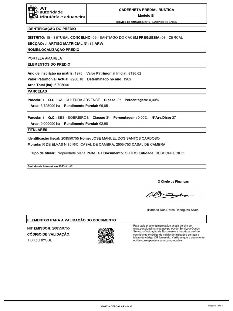 Caderneta Predial Rústica - Portela Amarela | PDF