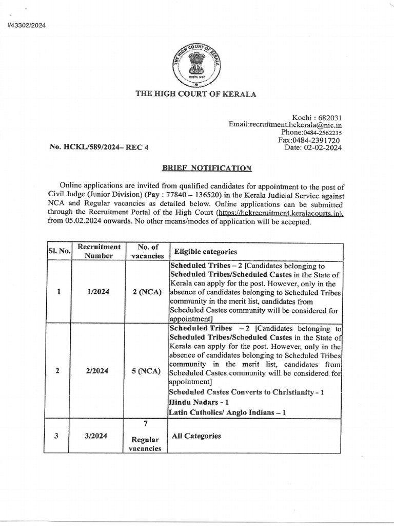Kerala High Court Notification PDF