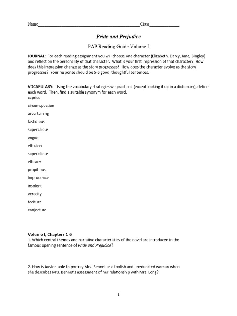 Pride and Prejudice Reading Guide | PDF | Pride And Prejudice | Mr. Darcy