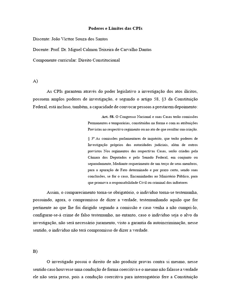Poderes e Limites das CPIs no Brasil | PDF | Justiça | Crime e Violência