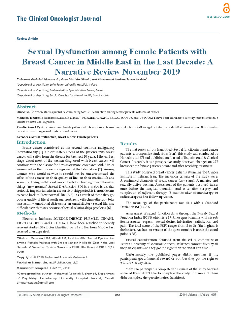 Sexual Dysfunction Among Female Patients With Breast Cancer in Middle ...