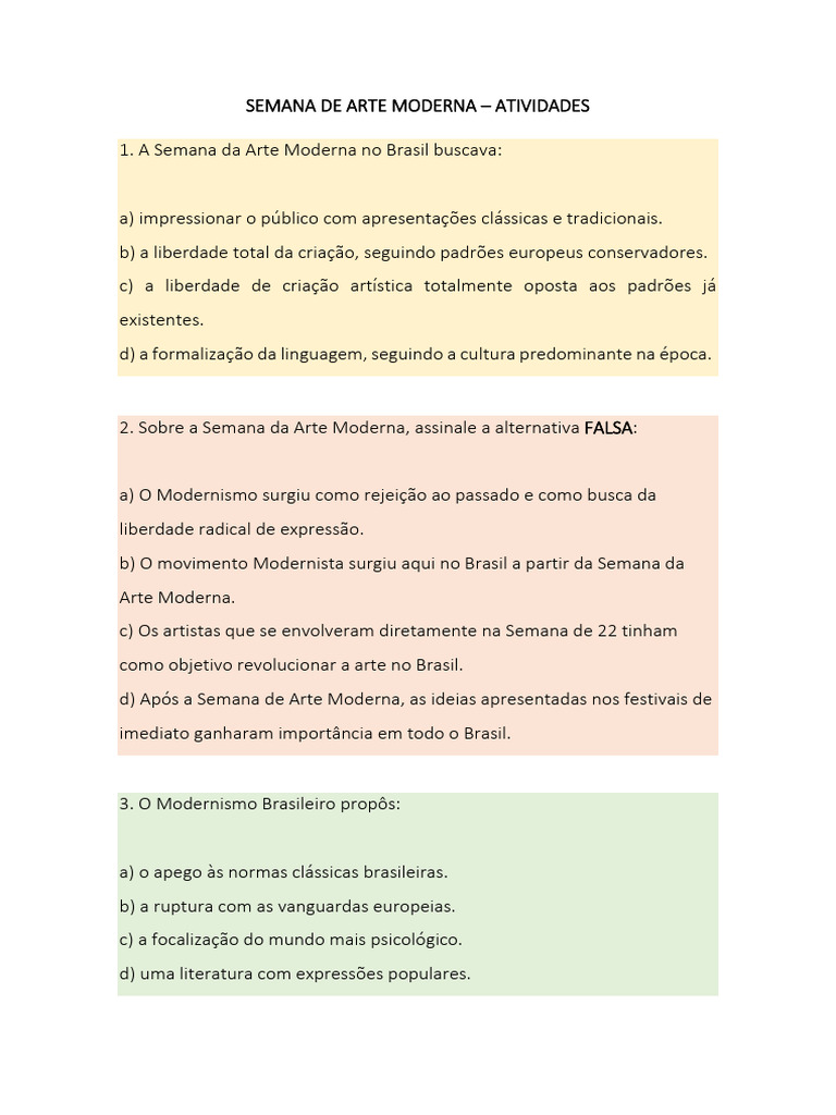 Atividades sobre a Semana de Arte Moderna | PDF