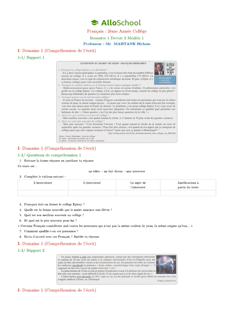 Francais 2ac Semestre 1 Devoir 2 Modele 1 2 | PDF