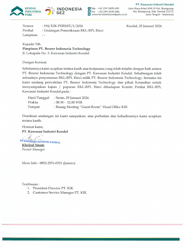 Surat Undangan Pemeriksaan RKL-RPL Rinci PT Beurer Indonesia Technology ...