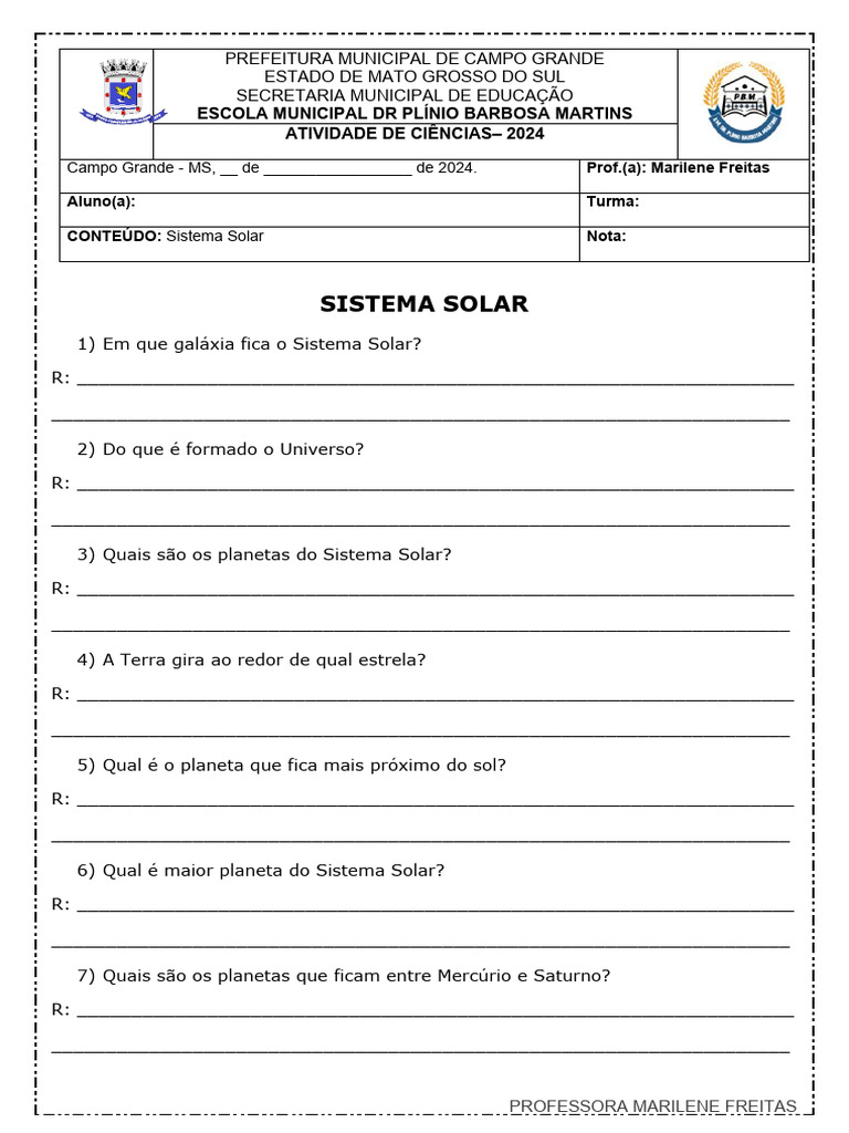 Atividade de Ciencias Sistema Solar 3 Ano | PDF | Sistema Solar | Planetas