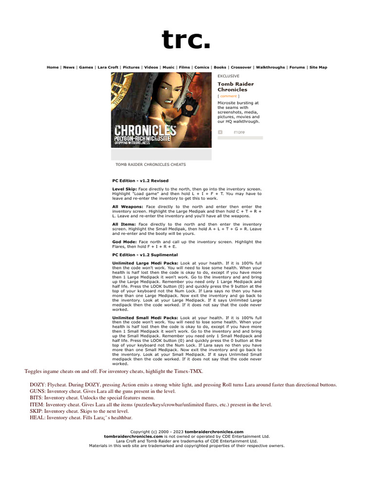 Tomb Raider Chronicles Cheats and Cheat Codes For PC PDF Cheating In Video Games