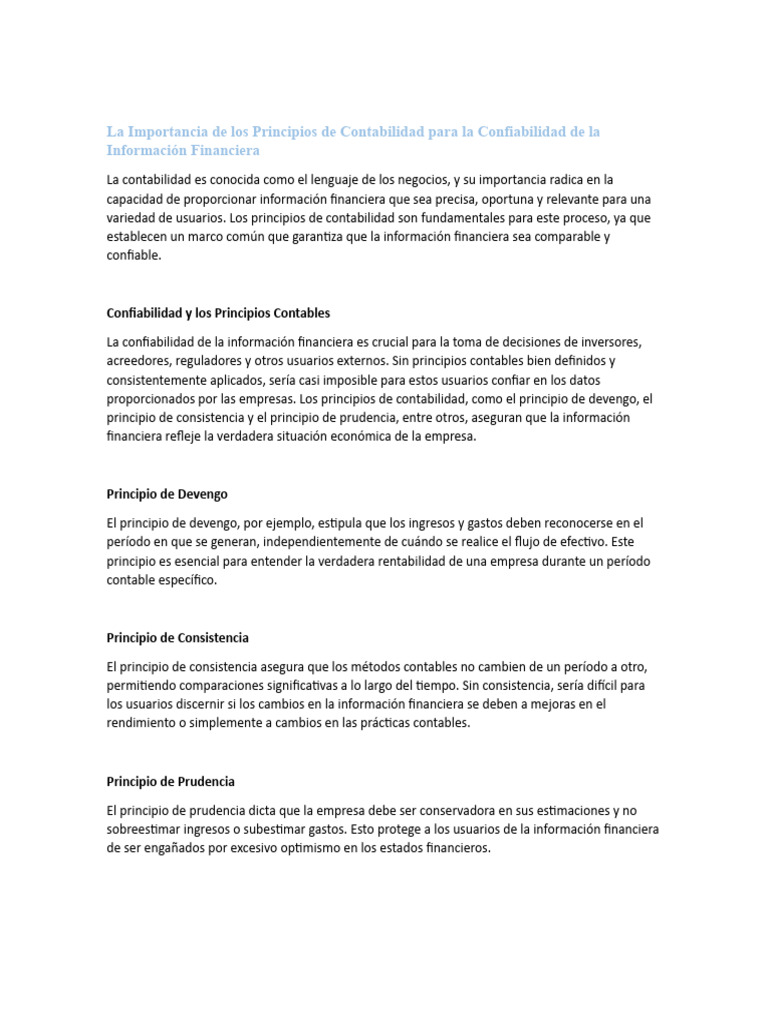 La Importancia de Los Principios de Contabilidad para La Confiabilidad ...