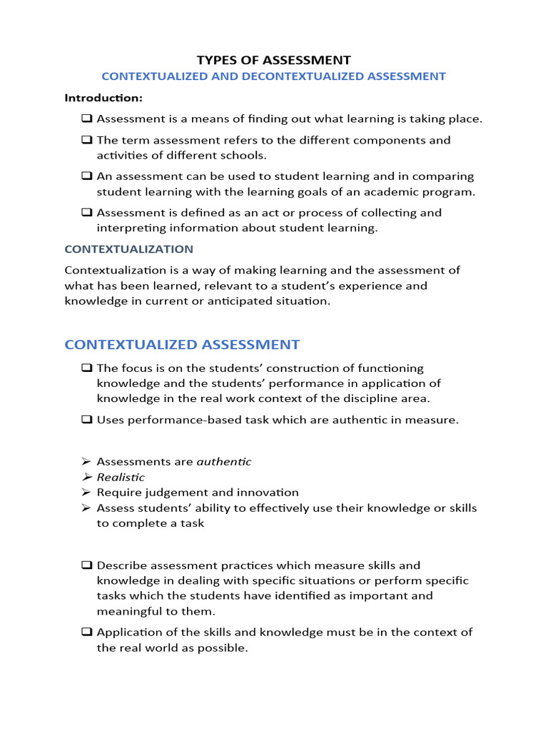 Contextualized and decontextualized assessment download free pdf