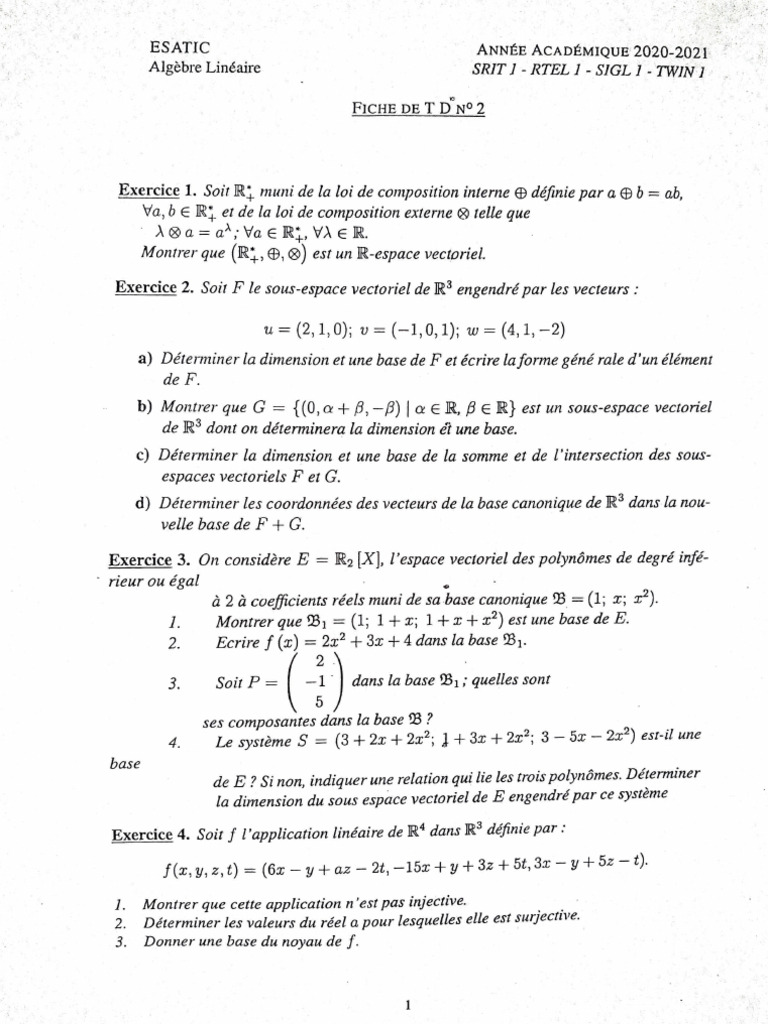 td2 Alg Lin | PDF | Base (algèbre linéaire) | Espace vectoriel